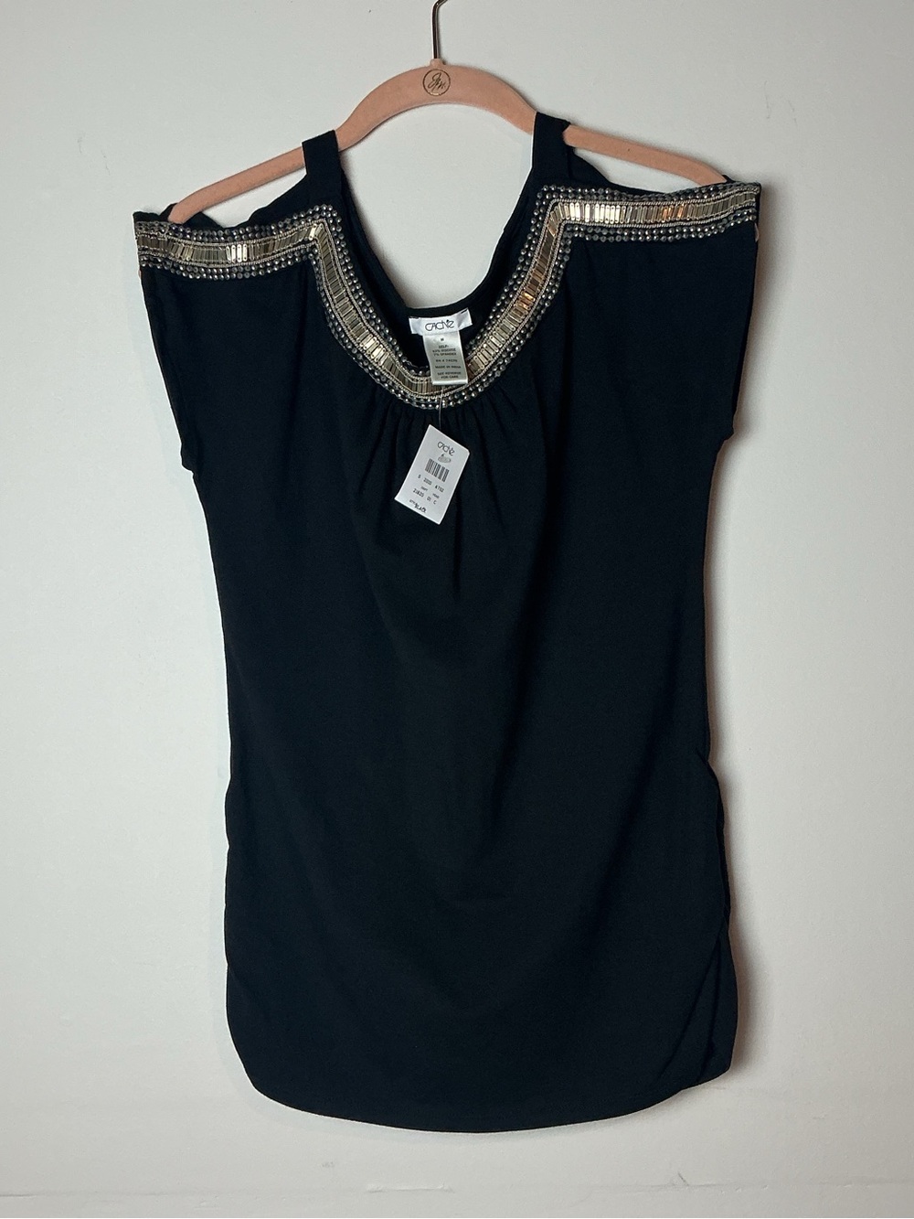 NWT Cache Black Cold-Shoulder Top with Gold Embellished Neckline Size M - Picture 1 of 3